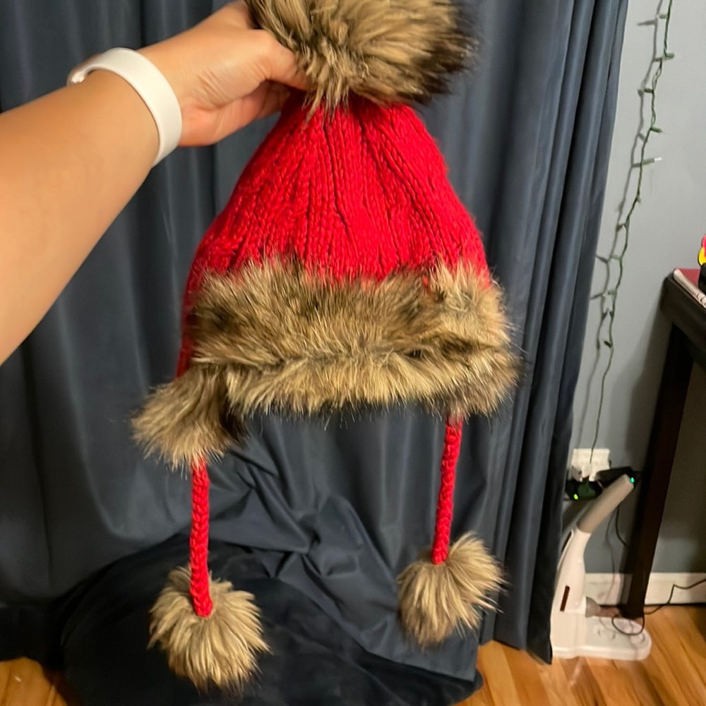 Hollister red hat with Pom Pom